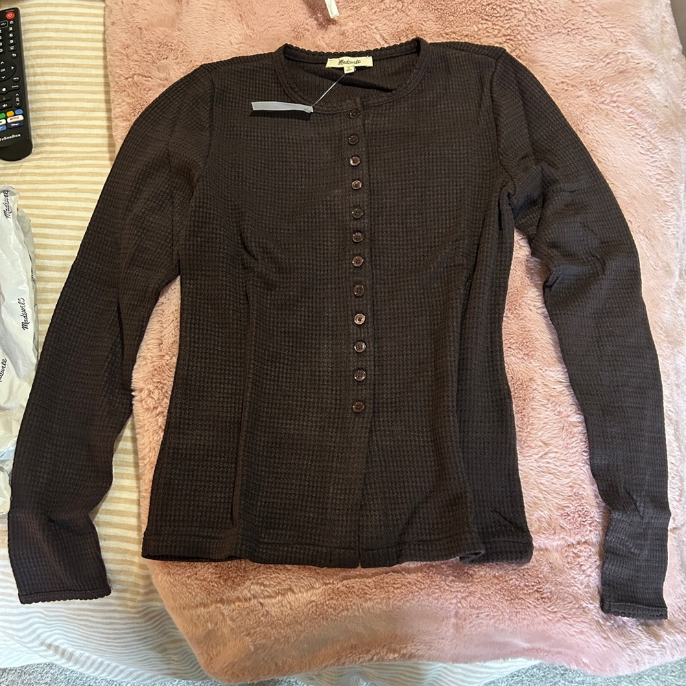 Madewell molasses Brown Waffle-Knit Button-Front Long Sleeve Top